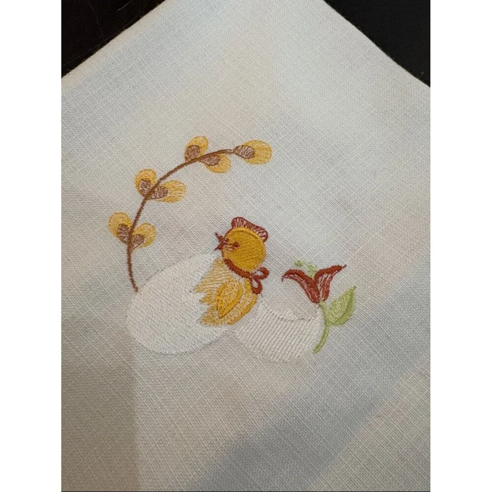 Embroidered Chick Egg White Linen Tablecloth with Crochet Edge